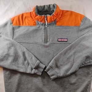 Vineyard Vines Quarter Zip Pullover Sweater Size M Gray/Orange Whale Logo Unisex